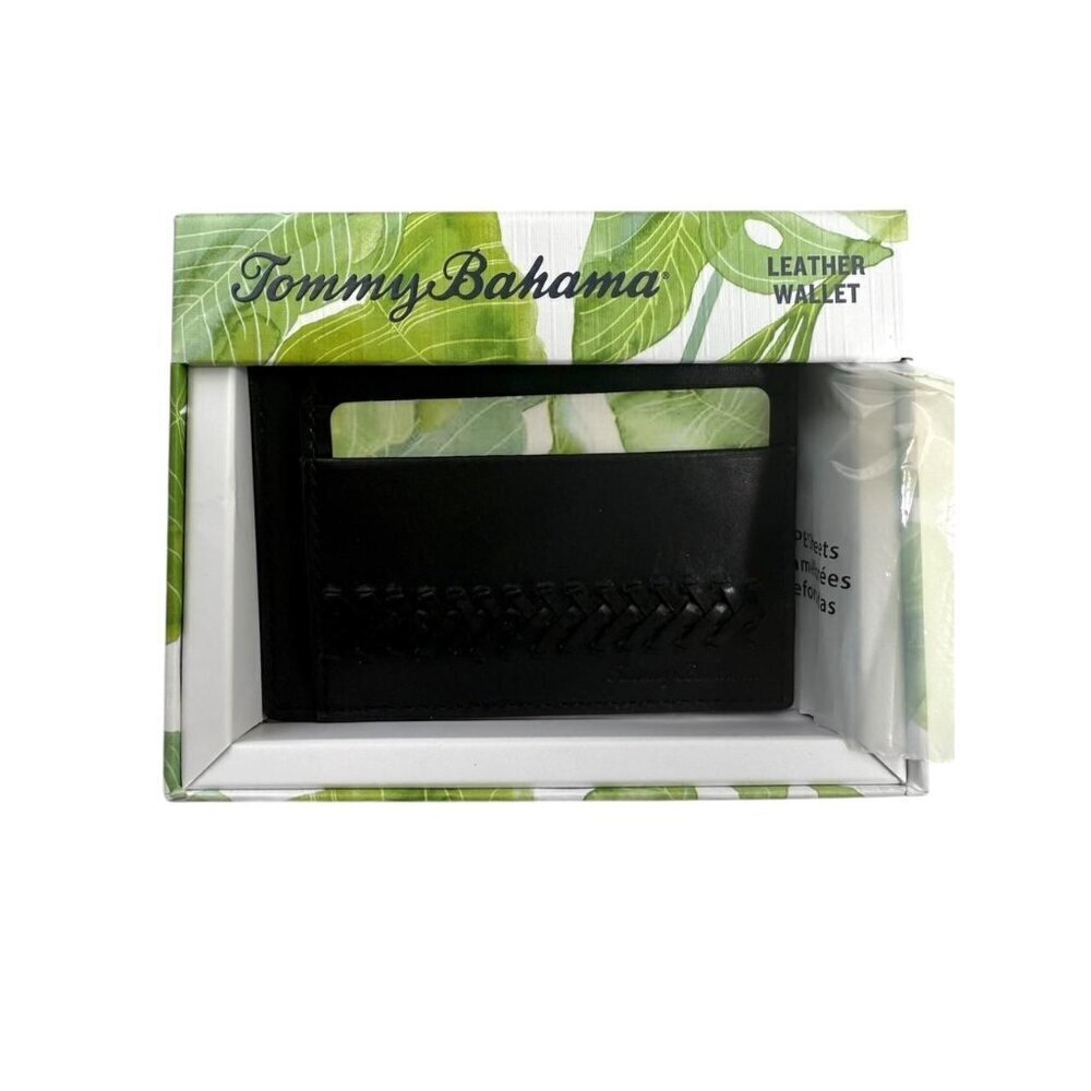Tommy Bahama Mens Black Leather Laced Detail Card Slots Wallet Gift Boxed New